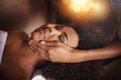 Buy stock photo Black woman, hands and masseuse for face massage, beauty and bodycare at spa for stress relief and wellness. Dermatology, facial treatment and healing for zen, self care and happy at luxury resort