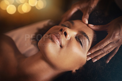 Buy stock photo Black woman, hands and head massage with masseuse, beauty and bodycare at spa for stress relief and wellness. Closeup of face, treatment and healing for zen, self care and relax at luxury resort