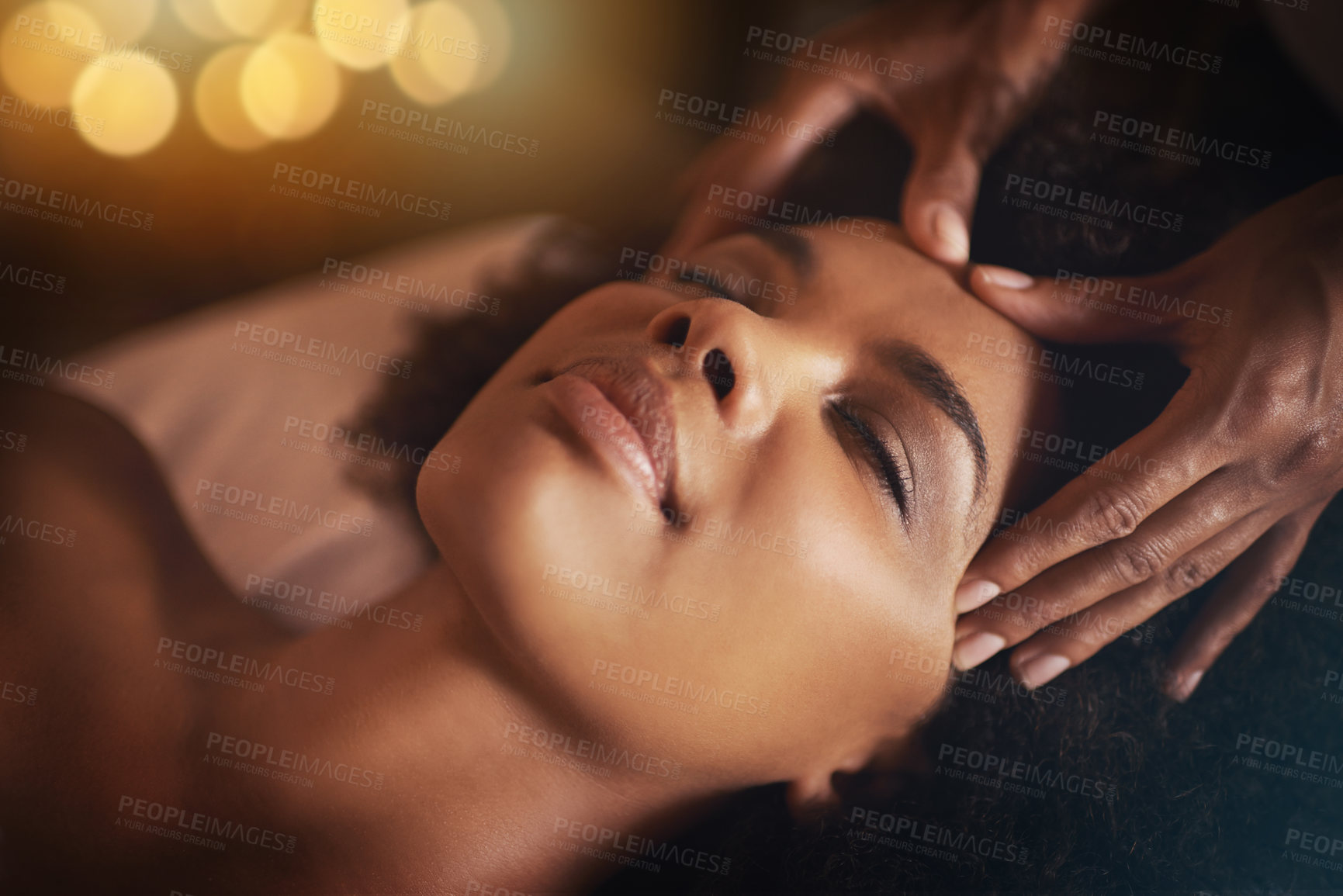 Buy stock photo Black woman, hands and head massage with masseuse, beauty and bodycare at spa for stress relief and wellness. Closeup of face, treatment and healing for zen, self care and relax at luxury resort