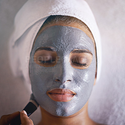 Buy stock photo Woman, mask and face in spa for skincare, wellness and cosmetic treatment for break or peace. Young person and natural for holistic therapy for facial, clean and hygiene with product for peel