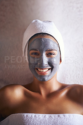 Buy stock photo Happy woman, top view with face mask and beauty in portrait for skincare, charcoal for treatment and dermatology at day spa. Detox for skin, healthy and wellness with cosmetics for facial self care