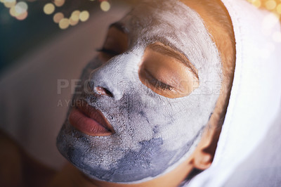 Buy stock photo Woman, closeup of face with mask and beauty for skincare, charcoal or clay for treatment and dermatology at day spa. Detox for healthy skin, facial and cosmetics for self care with wellness 