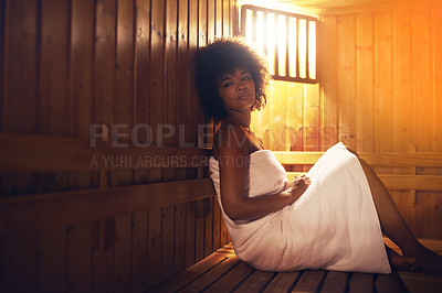 Buy stock photo Black woman, sauna and detox at spa for healing, self care with wellness and zen. Relax, calm and peace on pamper day with heat or warm body treatment, skincare and health with stress relief