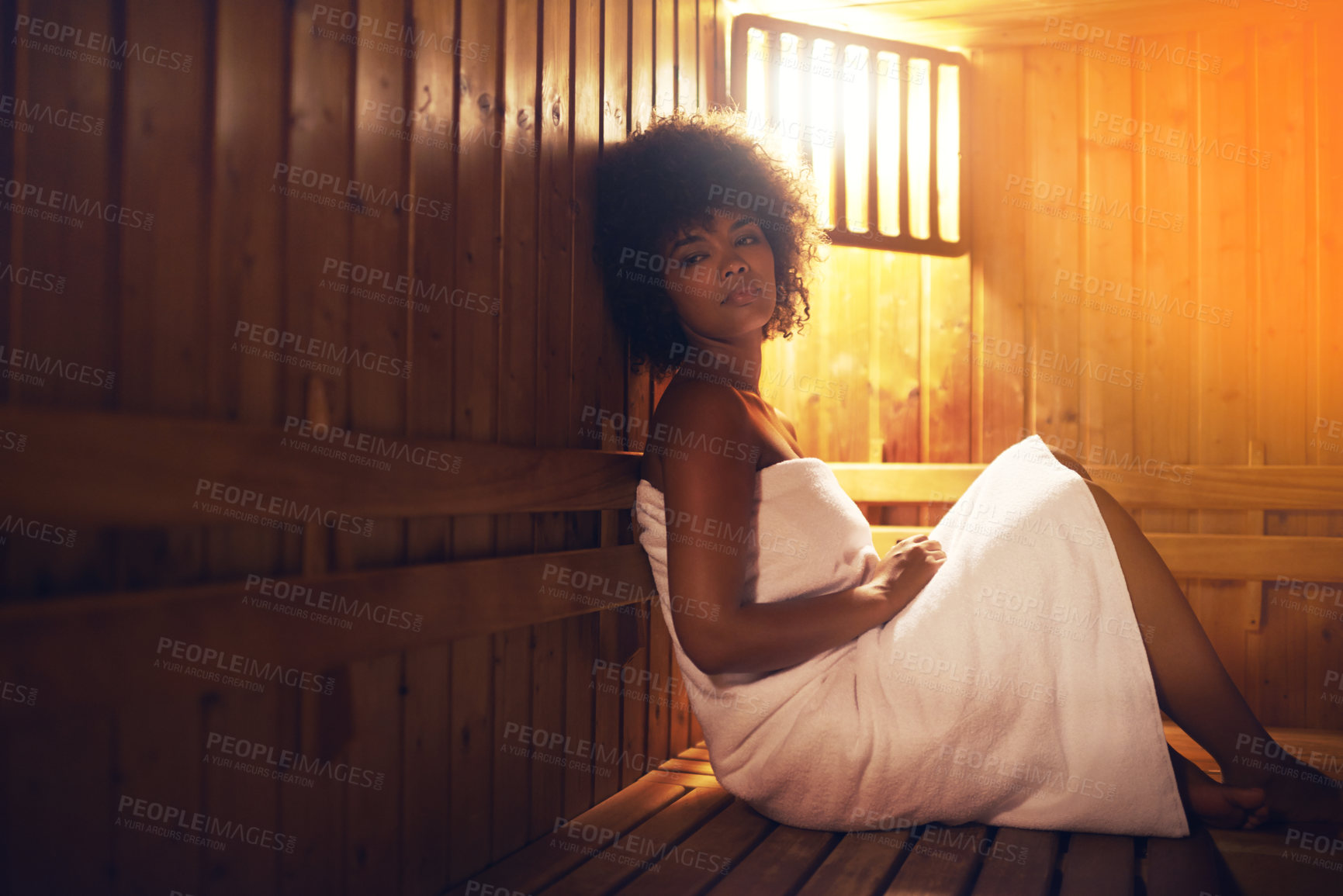 Buy stock photo Black woman, sauna and detox at spa for healing, self care with wellness and zen. Relax, calm and peace on pamper day with heat or warm body treatment, skincare and health with stress relief