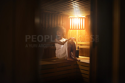 Buy stock photo Black woman, sauna and detox at spa for self care, healing with wellness and zen at luxury resort. Relax, calm and peace on pamper day with heat or warm body treatment, skincare and stress relief