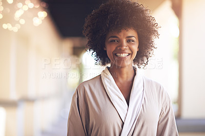 Buy stock photo Spa, woman and happy portrait in a bathrobe for wellness, cosmetics and beauty treatment. Health, skincare and resort with an African female person ready for dermatology at a hotel with a smile