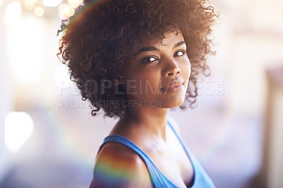Buy stock photo Confident, portrait and black woman outdoor with beauty or natural glow on skin from dermatology. African, girl and healthy skincare and hair care from cosmetics in summer with rainbow and sunshine