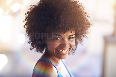 Buy stock photo Woman, portrait and smile in fashion with lens flare, natural beauty and casual outfit in summer. African person, face and happiness with afro hairstyle, wellness or trendy style with bokeh in Africa