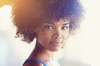 Buy stock photo Outdoor, portrait and confident black woman with beauty or natural glow on skin from dermatology. African, girl and healthy skincare on face and hair care from cosmetics in summer with mockup space