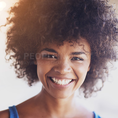 Buy stock photo Woman, portrait and smile in fashion with closeup, natural beauty and casual outfit in summer. African person, face and happiness with afro hairstyle, wellness or trendy style with sunlight in Africa