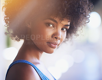 Buy stock photo Confident, portrait and black woman outdoor with beauty or natural glow on skin from dermatology. African, girl and healthy skincare on face and hair care from cosmetics in summer with mockup space