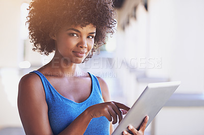 Buy stock photo Woman, tablet and search outdoors in portrait, smile and browse social media or app for communication. Female person, networking and student for e learning, education and university website to learn