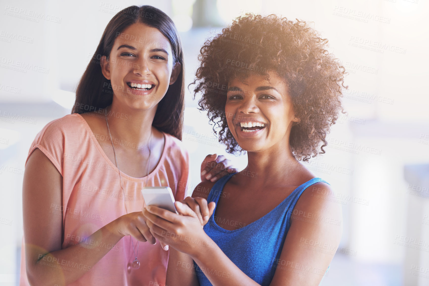 Buy stock photo Friends, phone and laugh in portrait on social media, internet and reading funny notification outdoors. Happy women, students and bonding at university, comedy and humor in conversation on app or web
