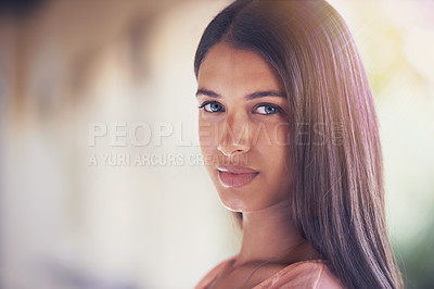 Buy stock photo Campus, portrait or woman at beauty school for learning, study or skill development. Education, face or gen z female cosmetology student outdoor at university for upskill, course or business training