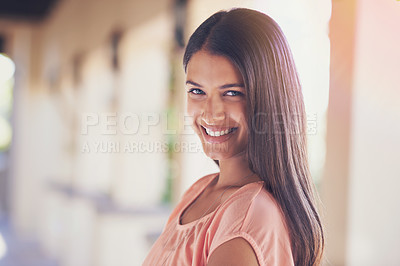 Buy stock photo Portrait, campus or happy woman at beauty school for learning, study or development. Education, face or gen z female cosmetology student outdoor at university for upskill, course or business training