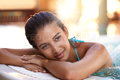 Buy stock photo Happy woman, relax and jacuzzi with warm water for holiday, getaway or stress relief at hotel, resort or spa. Face of calm and young female person with smile in hot tub, pool or treatment on vacation