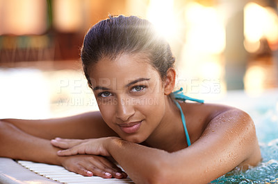 Buy stock photo Happy woman, portrait and relax with water in jacuzzi for holiday, getaway or stress relief at hotel, resort or spa. Face of young female person with smile in hot tub, pool or treatment on vacation