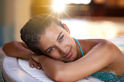 Buy stock photo Happy woman, relax and water with jacuzzi at spa for holiday, getaway or stress relief at hotel or resort. Face of calm and young female person with smile for hot tub, warm pool or peace on vacation