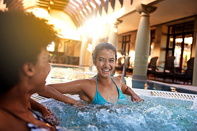 Buy stock photo Happy woman, friends and laughing with jacuzzi for funny joke or humor at hotel, resort or hot tub spa together. Face of female person or people with smile for fun vacation or relaxation in warm pool