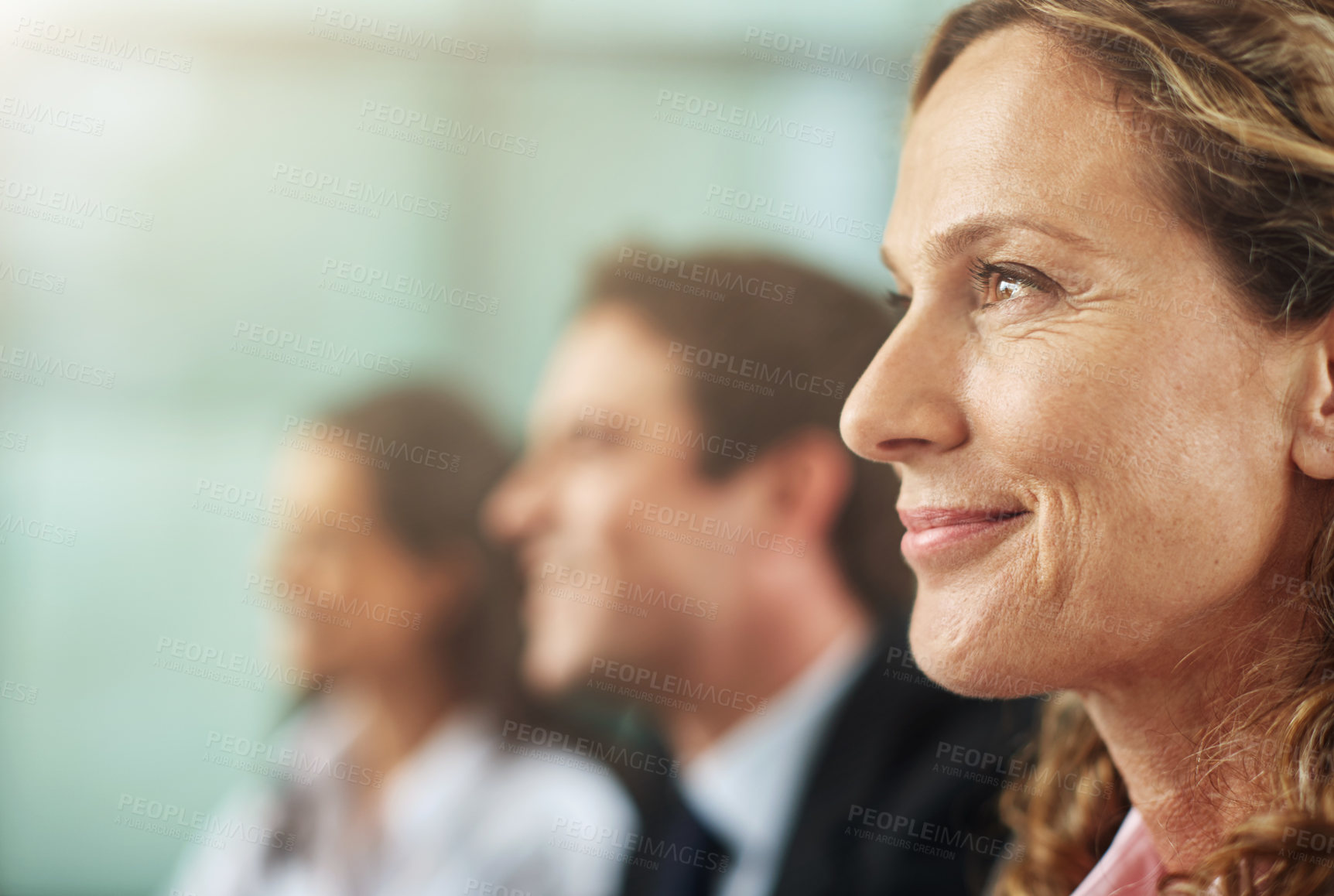 Buy stock photo Woman, face and audience at a seminar to listen to growth about achievement a conference to learn. Team, together and listening to training at the office for planning a startup with the manager.