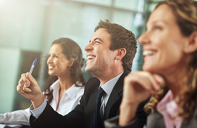 Buy stock photo Presentation, group and professional laugh at a conference with a crowd in a corporate company. Business, meeting and funny audience learning at a lecture during training session at a workshop.