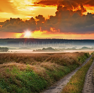 Buy stock photo Morning, mist and countryside sunrise in nature, surreal landscape and sky background with clouds. Travellers path, valleys and lush vegetation for peaceful environment, growth and calm outdoor