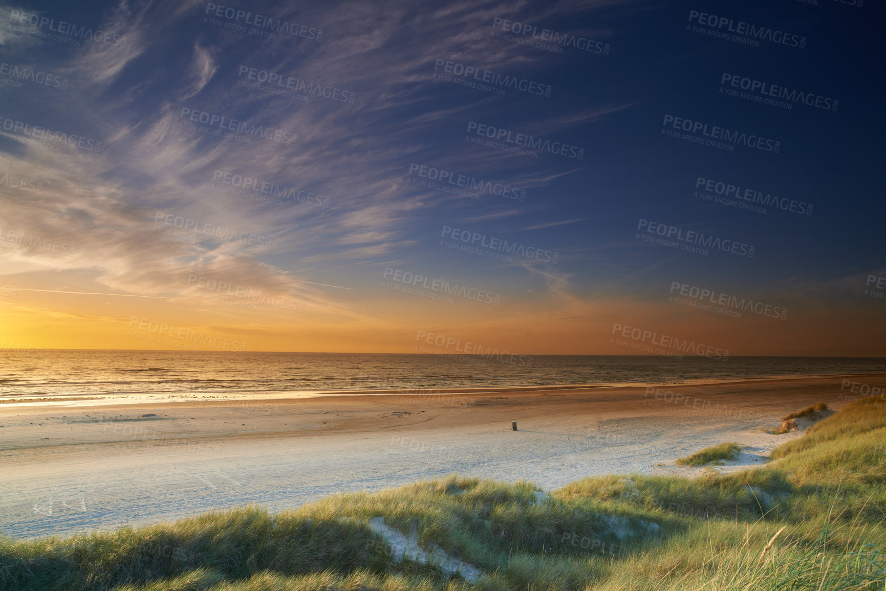 Buy stock photo Sunset, landscape and bush by beach or environment with water and ocean or clouds in blue sky. Coastline, earth and greenery or seaside in nature and outdoor for summer or evening in California 