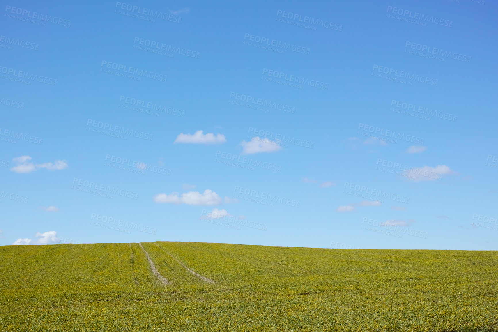 Buy stock photo Farm, land and field with clouds on blue sky, farming environment and grazing or natural pasture for animals. Sustainable, ecology and healthy grass or landscape, spring and outdoor in Switzerland