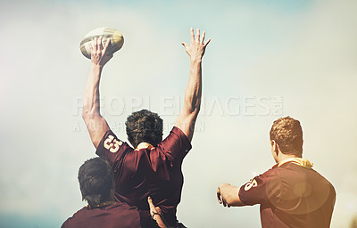 Buy stock photo Rugby, sports and winner and man on field for training, health and stadium practice. Challenge, competition and teamwork performance with male person in outdoor pitch for exercise, games and workout