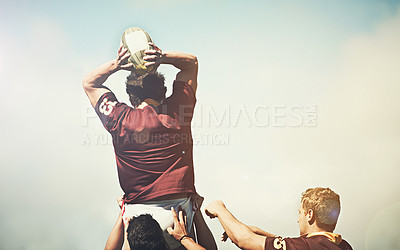 Buy stock photo Back, rugby and men with a ball, competition and practice for fitness, exercise and healthy lifestyle. Professional players, group and athletes with teamwork, support and challenge with solidarity
