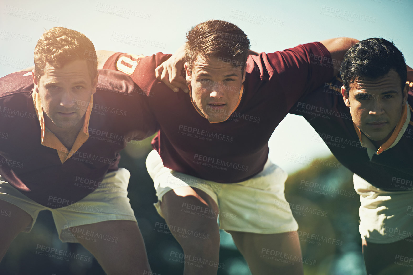 Buy stock photo Rugby team, sports and portrait of men together outdoor on pitch for scrum, teamwork or focus. Male athlete group playing in sport competition, game or training match for fitness, workout or exercise