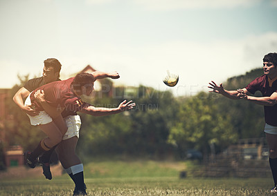 Buy stock photo Rugby match, men and tackle during sport practice on a green field outdoors for fitness. Exercise, athlete and male people with teamwork and professional player with a workout in uniform