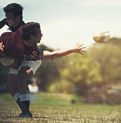 Buy stock photo Men, rugby and team with throw on field for training together, practice game and cardio workout. Athletes, teamwork and sports uniform on grass for competition, sunshine and exercise with energy