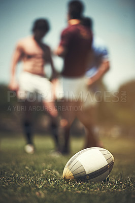 Buy stock photo Rugby, teamwork and sports with ball on grass field for training, competition practice and challenge. Health, start and games with people on outdoor pitch for stadium, performance and fitness
