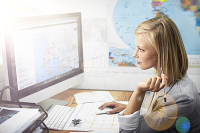 Buy stock photo Office computer, travel agent woman and working on planning world, global or international tour, vacation or holiday. Digital map, destination or agency person reading, monitor or analyze information