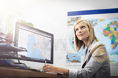 Buy stock photo Office computer, agent and woman thinking of travel route, recommendation or inspiration for tour, vacation or holiday. Digital map, destination or agency person working on destination location ideas