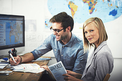 Buy stock photo Travel agency office, portrait agent and happy people planning collaboration, teamwork or cooperation on tour journey. Trip, tourism brochure and team work on plan, transport route or map destination