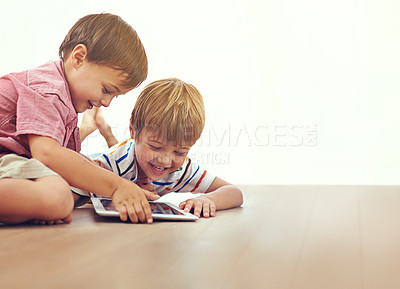 Buy stock photo Family, children and siblings with tablet on a floor for cartoon, gaming or streaming movie at home. Digital, learning and boy kids in house for google it, search or Netflix and chill, app or bonding