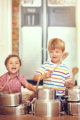 Buy stock photo Drummer, pots and playing with children in kitchen for imagination, fantasy and games. Bonding, siblings and happy with kids and kitchenware on floor of family home for music, noise and happiness