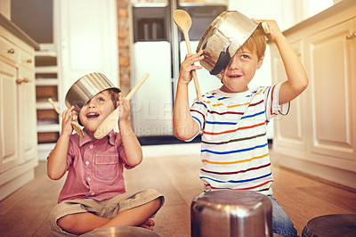 Buy stock photo Funny, pots and playing with children in kitchen for imagination, fantasy and games. Bonding, siblings and happy with kids and kitchenware on floor of family home for music, noise and happiness