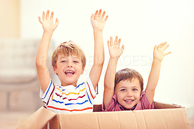 Buy stock photo Children, box or portrait of siblings playing in house for fun, bonding or hands up game. Cardboard, learning and excited kids in living room for celebration, imagine or rollercoaster fantasy at home