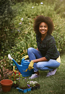 Buy stock photo Woman, gardening and portrait with water can, happy or plants in spring, outdoor or care on grass. Girl, African person and smile on ground for growth, development and nature with ecology in backyard