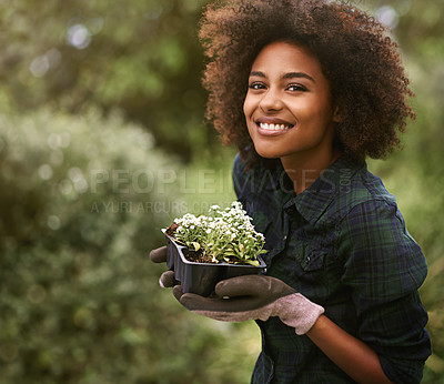 Buy stock photo Black woman in garden, plant and smile in portrait, botany mockup and environment with young gardener and flowers. Happy female person is outdoor with green fingers, growth and plants with gardening