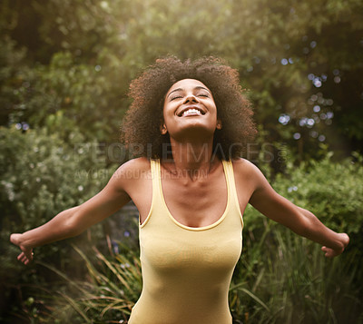 Buy stock photo Happy, open arms and black woman in nature for freedom, adventure and relax in park. Smile, excited and person with happiness, positive attitude and fun outdoors for holiday, vacation and weekend