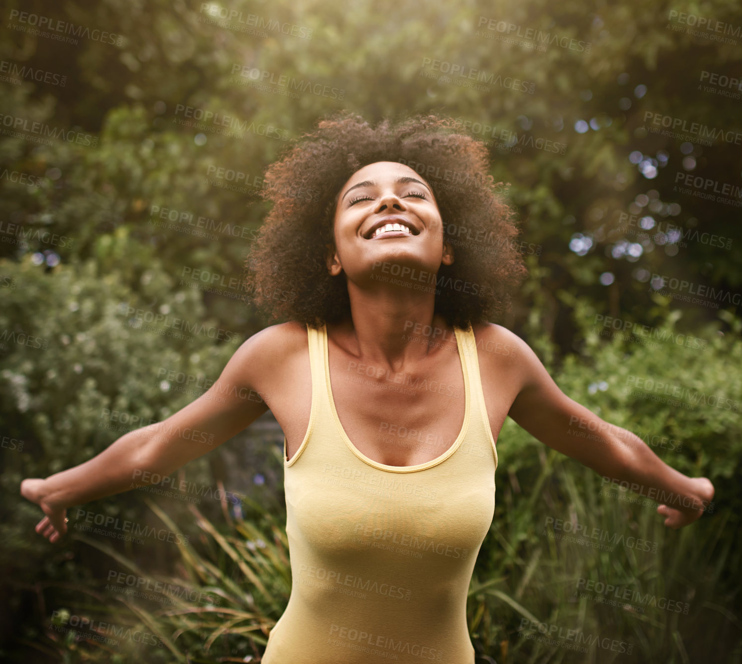 Buy stock photo Happy, open arms and black woman in nature for freedom, adventure and relax in park. Smile, excited and person with happiness, positive attitude and fun outdoors for holiday, vacation and weekend