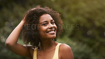 Buy stock photo Happy, park and portrait of black woman in nature for wellness, fresh air and relaxing outdoors. Smile, joy and face of person in forest, garden and countryside for holiday, vacation and weekend