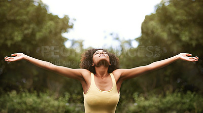 Buy stock photo Relax, open arms and black woman in park for freedom, adventure and fresh air in nature. Happy, excited and person with happiness, positive attitude and joy outdoors for holiday, vacation and weekend