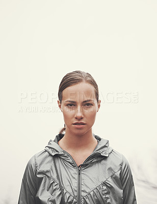Buy stock photo Woman, portrait and fitness in nature with fog for hiking, exercise or workout outdoor with confidence. Athlete, person and face with mockup space for running, training or sportswear for healthy body
