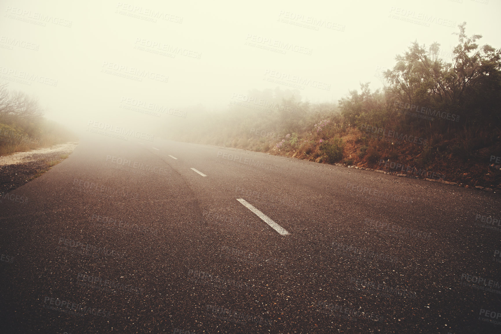 Buy stock photo Low-angle view of a road fading into fog