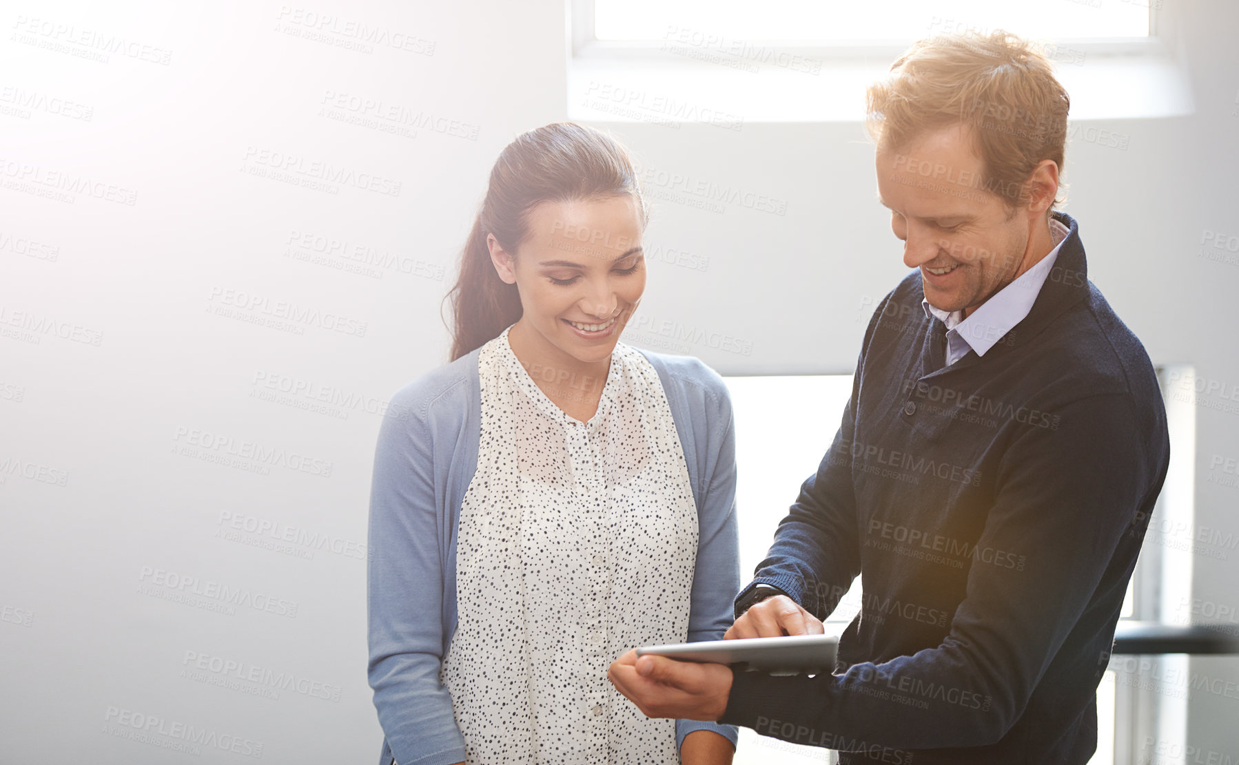 Buy stock photo Coworkers, talking and stairs with technology working, happy employees discussion for work website on internet. Online, search for web collaboration, teamwork for creative tech or tablet conversation